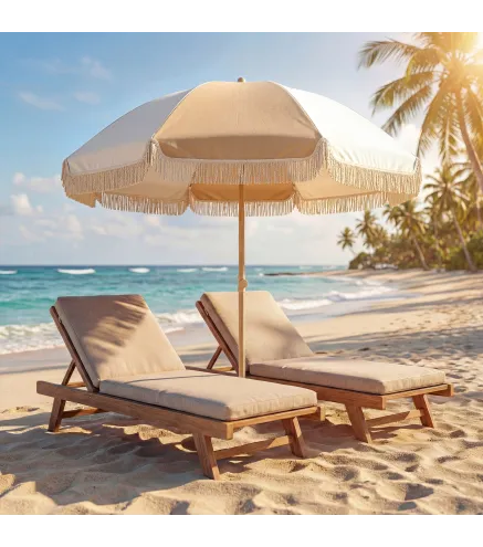 Sombrilla de Playa con Flecos Ø175 cm Sombrilla de Terraza Exterior con Altura Ajustable Inclinación 30° Blanco y Beige