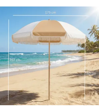 Sombrilla de Playa con Flecos Ø175 cm Sombrilla de Terraza Exterior con Altura Ajustable Inclinación 30° Blanco y Beige