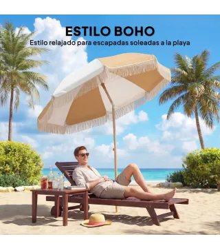 Sombrilla de Playa con Flecos Ø175 cm Sombrilla de Terraza Exterior con Altura Ajustable Inclinación 30° Blanco y Beige