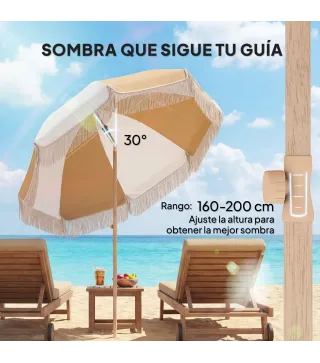 Sombrilla de Playa con Flecos Ø175 cm Sombrilla de Terraza Exterior con Altura Ajustable Inclinación 30° Blanco y Beige