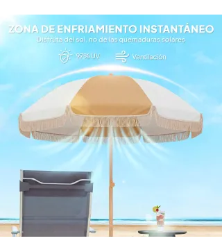 Sombrilla de Playa con Flecos Ø175 cm Sombrilla de Terraza Exterior con Altura Ajustable Inclinación 30° Blanco y Beige