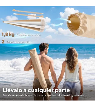 Sombrilla de Playa con Flecos Ø175 cm Sombrilla de Terraza Exterior con Altura Ajustable Inclinación 30° Blanco y Beige