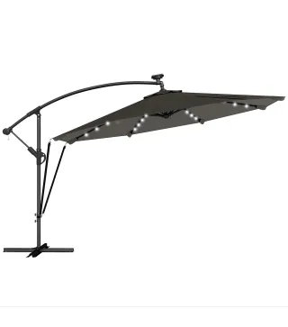 Parasol Excéntrico con Luces LED Solares Ø345 cm Sombrilla Jardín de Aluminio con Base Cruzada Manivela Funda Gris