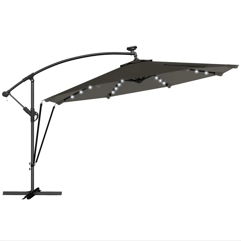 Parasol Excéntrico con Luces LED Solares Ø345 cm Sombrilla Jardín de Aluminio con Base Cruzada Manivela Funda Gris