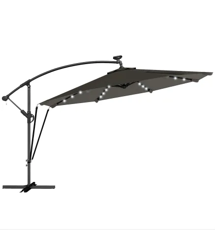 Parasol Excéntrico con Luces LED Solares Ø345 cm Sombrilla Jardín de Aluminio con Base Cruzada Manivela Funda Gris