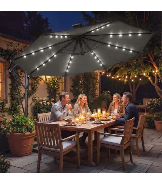Parasol Excéntrico con Luces LED Solares Ø345 cm Sombrilla Jardín de Aluminio con Base Cruzada Manivela Funda Gris