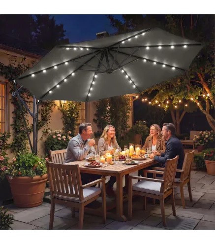 Parasol Excéntrico con Luces LED Solares Ø345 cm Sombrilla Jardín de Aluminio con Base Cruzada Manivela Funda Gris