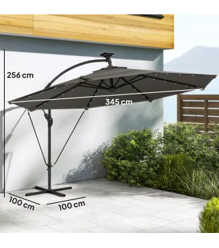 Parasol Excéntrico con Luces LED Solares Ø345 cm Sombrilla Jardín de Aluminio con Base Cruzada Manivela Funda Gris