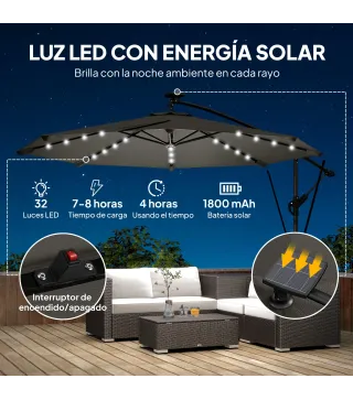 Parasol Excéntrico con Luces LED Solares Ø345 cm Sombrilla Jardín de Aluminio con Base Cruzada Manivela Funda Gris