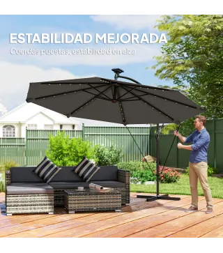 Parasol Excéntrico con Luces LED Solares Ø345 cm Sombrilla Jardín de Aluminio con Base Cruzada Manivela Funda Gris