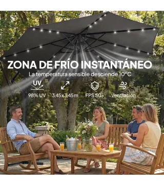 Parasol Excéntrico con Luces LED Solares Ø345 cm Sombrilla Jardín de Aluminio con Base Cruzada Manivela Funda Gris