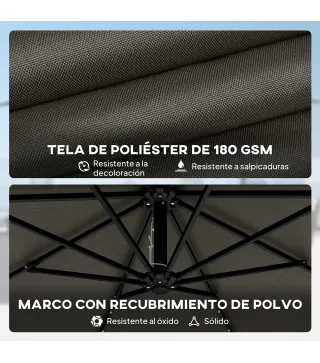 Parasol Excéntrico con Luces LED Solares Ø345 cm Sombrilla Jardín de Aluminio con Base Cruzada Manivela Funda Gris