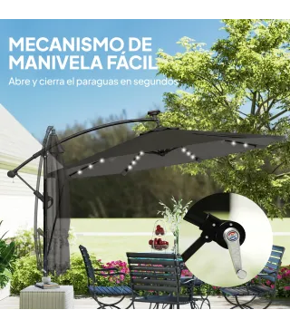 Parasol Excéntrico con Luces LED Solares Ø345 cm Sombrilla Jardín de Aluminio con Base Cruzada Manivela Funda Gris