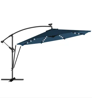 Parasol Excéntrico con Luces LED Solares Ø345 cm Sombrilla Jardín de Aluminio con Base Cruzada Manivela Funda Azul