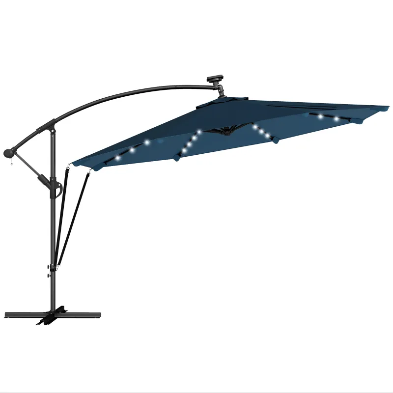 Parasol Excéntrico con Luces LED Solares Ø345 cm Sombrilla Jardín de Aluminio con Base Cruzada Manivela Funda Azul