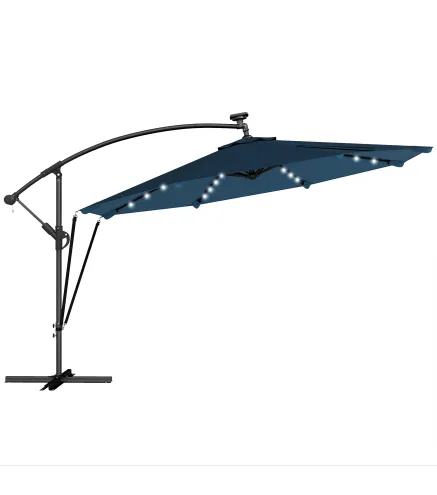 Parasol Excéntrico con Luces LED Solares Ø345 cm Sombrilla Jardín de Aluminio con Base Cruzada Manivela Funda Azul