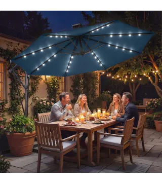 Parasol Excéntrico con Luces LED Solares Ø345 cm Sombrilla Jardín de Aluminio con Base Cruzada Manivela Funda Azul