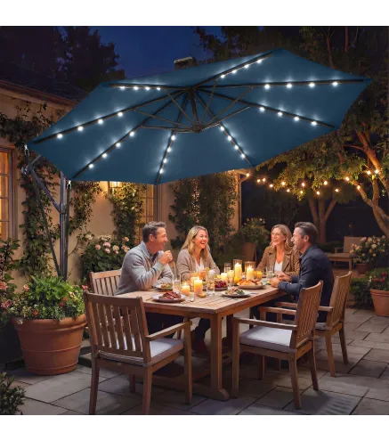 Parasol Excéntrico con Luces LED Solares Ø345 cm Sombrilla Jardín de Aluminio con Base Cruzada Manivela Funda Azul