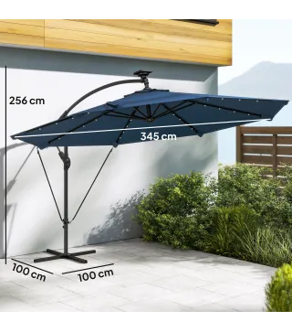 Parasol Excéntrico con Luces LED Solares Ø345 cm Sombrilla Jardín de Aluminio con Base Cruzada Manivela Funda Azul