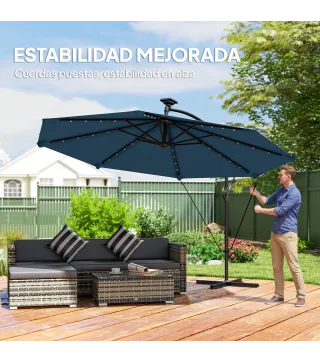 Parasol Excéntrico con Luces LED Solares Ø345 cm Sombrilla Jardín de Aluminio con Base Cruzada Manivela Funda Azul