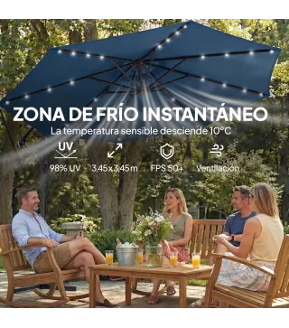 Parasol Excéntrico con Luces LED Solares Ø345 cm Sombrilla Jardín de Aluminio con Base Cruzada Manivela Funda Azul