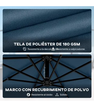 Parasol Excéntrico con Luces LED Solares Ø345 cm Sombrilla Jardín de Aluminio con Base Cruzada Manivela Funda Azul