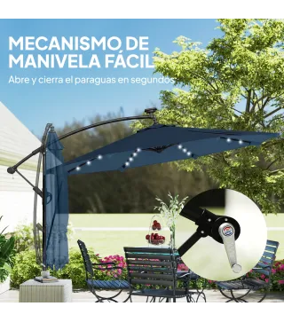 Parasol Excéntrico con Luces LED Solares Ø345 cm Sombrilla Jardín de Aluminio con Base Cruzada Manivela Funda Azul