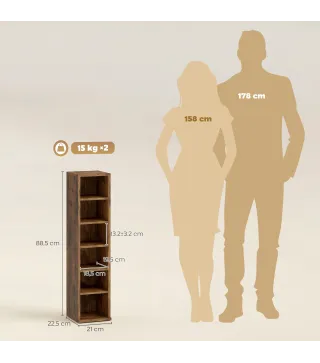 Set de 2 Estanterías para CDs y DVDs con 12 Compartimentos Estantes Ajustables 21x22,5x88,5 cm Marrón Rústico