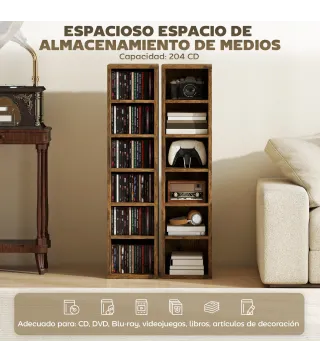 Set de 2 Estanterías para CDs y DVDs con 12 Compartimentos Estantes Ajustables 21x22,5x88,5 cm Marrón Rústico