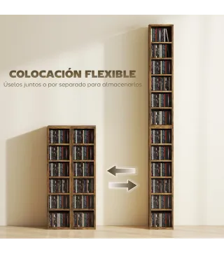 Set de 2 Estanterías para CDs y DVDs con 12 Compartimentos Estantes Ajustables 21x22,5x88,5 cm Marrón Rústico