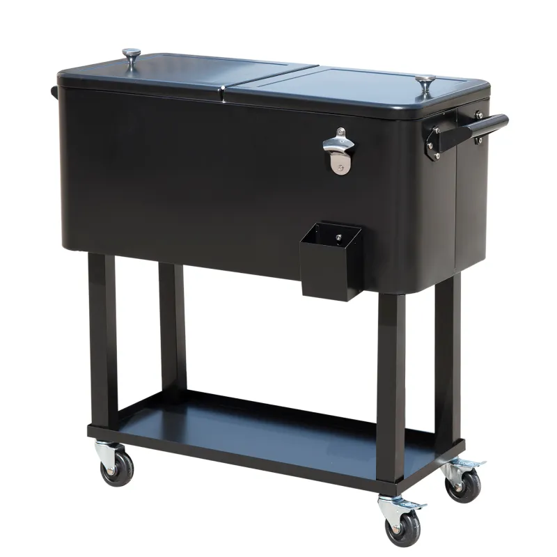Enfriador de Bebidas de Acero con Ruedas Abridor de Botellas y Drenaje para Exterior Patio y Jardín 75,7 L Negro