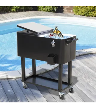 Enfriador de Bebidas de Acero con Ruedas Abridor de Botellas y Drenaje para Exterior Patio y Jardín 75,7 L Negro