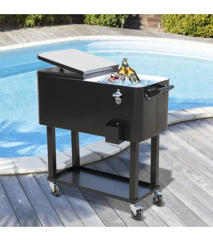 Enfriador de Bebidas de Acero con Ruedas Abridor de Botellas y Drenaje para Exterior Patio y Jardín 75,7 L Negro