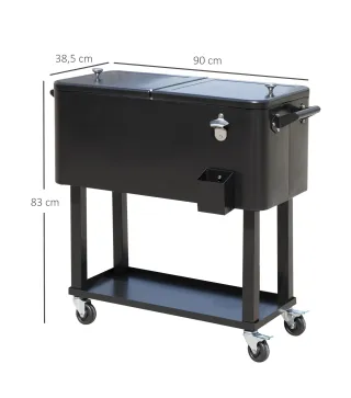 Enfriador de Bebidas de Acero con Ruedas Abridor de Botellas y Drenaje para Exterior Patio y Jardín 75,7 L Negro