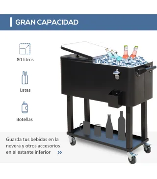 Enfriador de Bebidas de Acero con Ruedas Abridor de Botellas y Drenaje para Exterior Patio y Jardín 75,7 L Negro