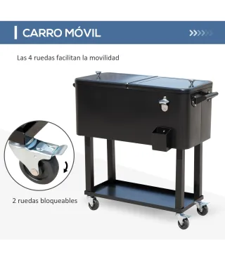 Enfriador de Bebidas de Acero con Ruedas Abridor de Botellas y Drenaje para Exterior Patio y Jardín 75,7 L Negro