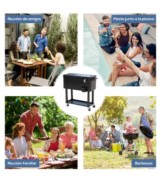 Enfriador de Bebidas de Acero con Ruedas Abridor de Botellas y Drenaje para Exterior Patio y Jardín 75,7 L Negro