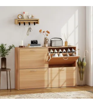 Zapatero Estrecho con 4 Puertas Estantes Ajustables para 16-24 Pares de Zapatos 120x24x81 cm Natural