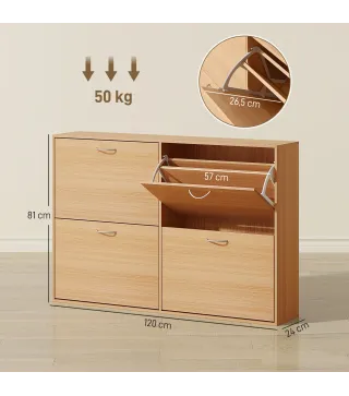 Zapatero Estrecho con 4 Puertas Estantes Ajustables para 16-24 Pares de Zapatos 120x24x81 cm Natural