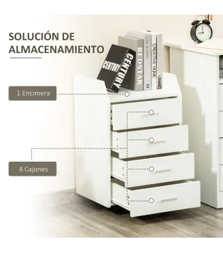 Cajonera de Oficina Mueble Auxiliar para Archivos con 4 Cajones Encimera Superior de Almacenaje 4 Ruedas y 2 Frenos para Estudio