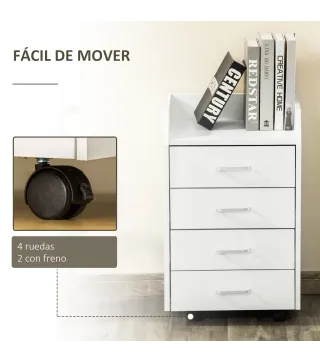 Cajonera de Oficina Mueble Auxiliar para Archivos con 4 Cajones Encimera Superior de Almacenaje 4 Ruedas y 2 Frenos para Estudio