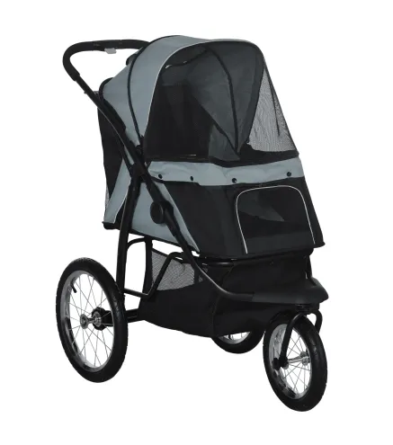 Carrito para Perros Medianos Pequeños con Cesta de Almacenaje Capota Ajustable y Ventana de Malla 111x58x107 cm Gris