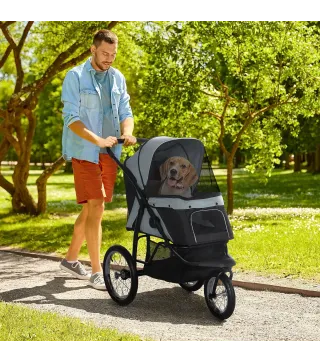 Carrito para Perros Medianos Pequeños con Cesta de Almacenaje Capota Ajustable y Ventana de Malla 111x58x107 cm Gris