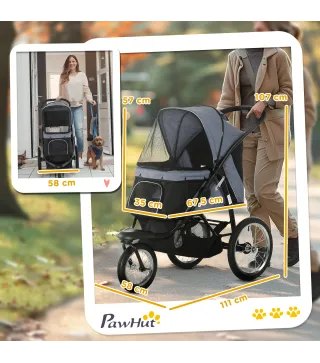 Carrito para Perros Medianos Pequeños con Cesta de Almacenaje Capota Ajustable y Ventana de Malla 111x58x107 cm Gris