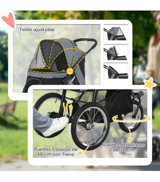 Carrito para Perros Medianos Pequeños con Cesta de Almacenaje Capota Ajustable y Ventana de Malla 111x58x107 cm Gris