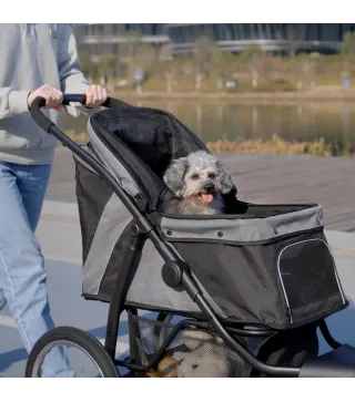 Carrito para Perros Medianos Pequeños con Cesta de Almacenaje Capota Ajustable y Ventana de Malla 111x58x107 cm Gris