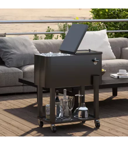 Carro Nevera con Ruedas Abrebotellas y Estante 56L para Patio Fiesta Terraza 67x35x80 cm Negro