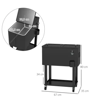 Carro Nevera con Ruedas Abrebotellas y Estante 56L para Patio Fiesta Terraza 67x35x80 cm Negro