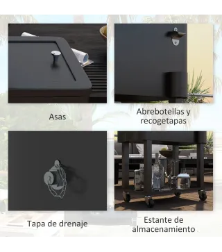 Carro Nevera con Ruedas Abrebotellas y Estante 56L para Patio Fiesta Terraza 67x35x80 cm Negro