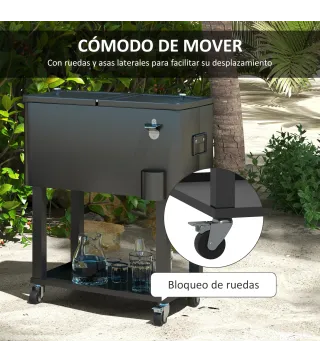 Carro Nevera con Ruedas Abrebotellas y Estante 56L para Patio Fiesta Terraza 67x35x80 cm Negro